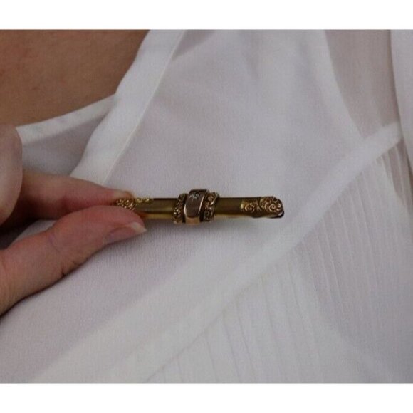 10k Yellow Gold Antique Art Nouveau Diamond Bar Pin - Picture 2 of 9